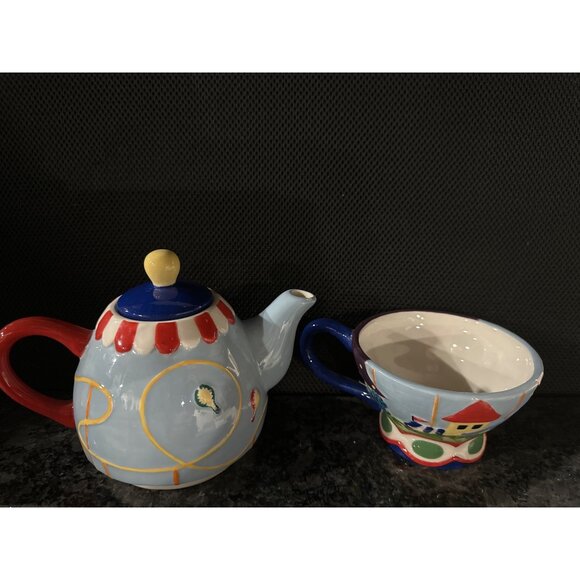 Vintage Carnival-Themed Ceramic Teapot Red Handle & Matching Cup Hand-Painted - Picture 1 of 10